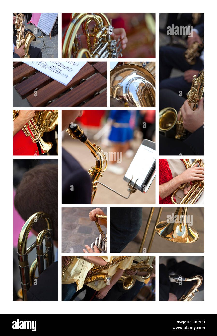 various musical wind instruments on a collage F4PYDH